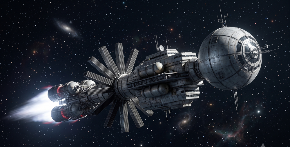 A torchship under constant acceleration, its fusion torch blazing against a field of stars and distant galaxies